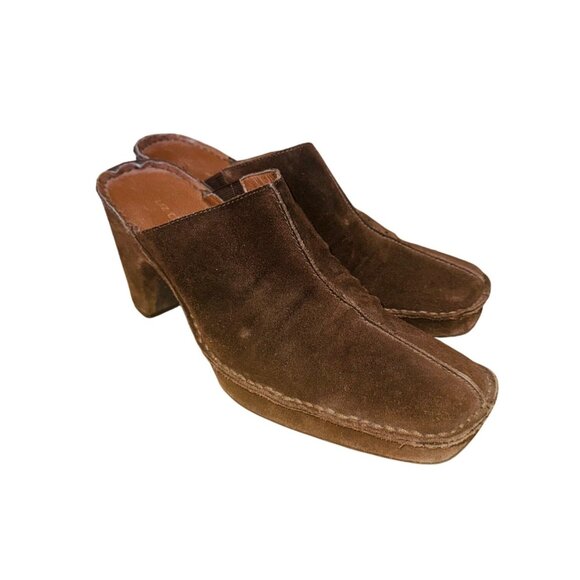Vintage Liz Claiborne Square Toe Womens Brown Suede High Heel Mules 8M Retro 70s - Picture 1 of 10